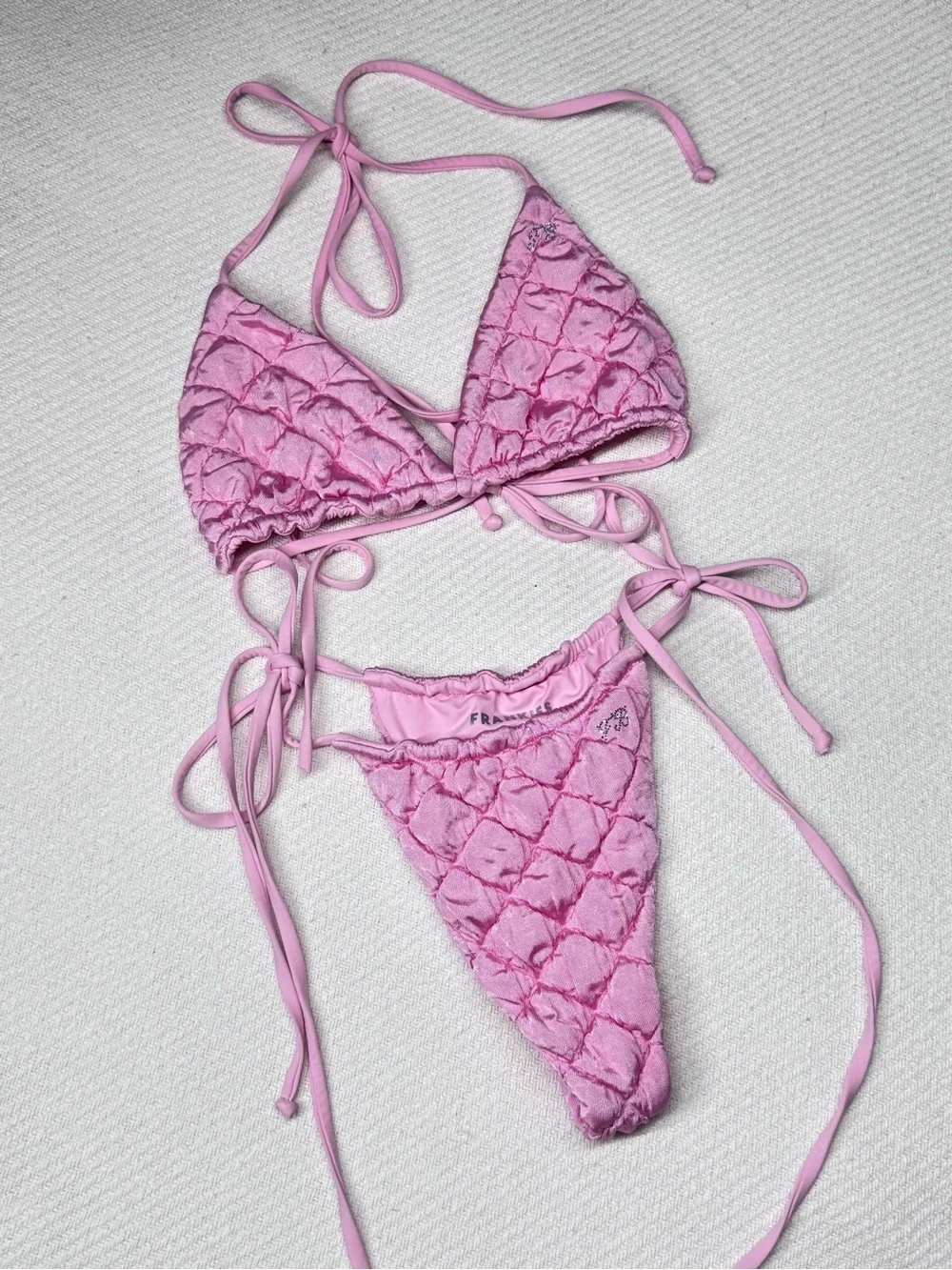 Frankie’s Bikinis Tia Eyelet Pink Puff Set Rhinestones Swim 2 Piece Small